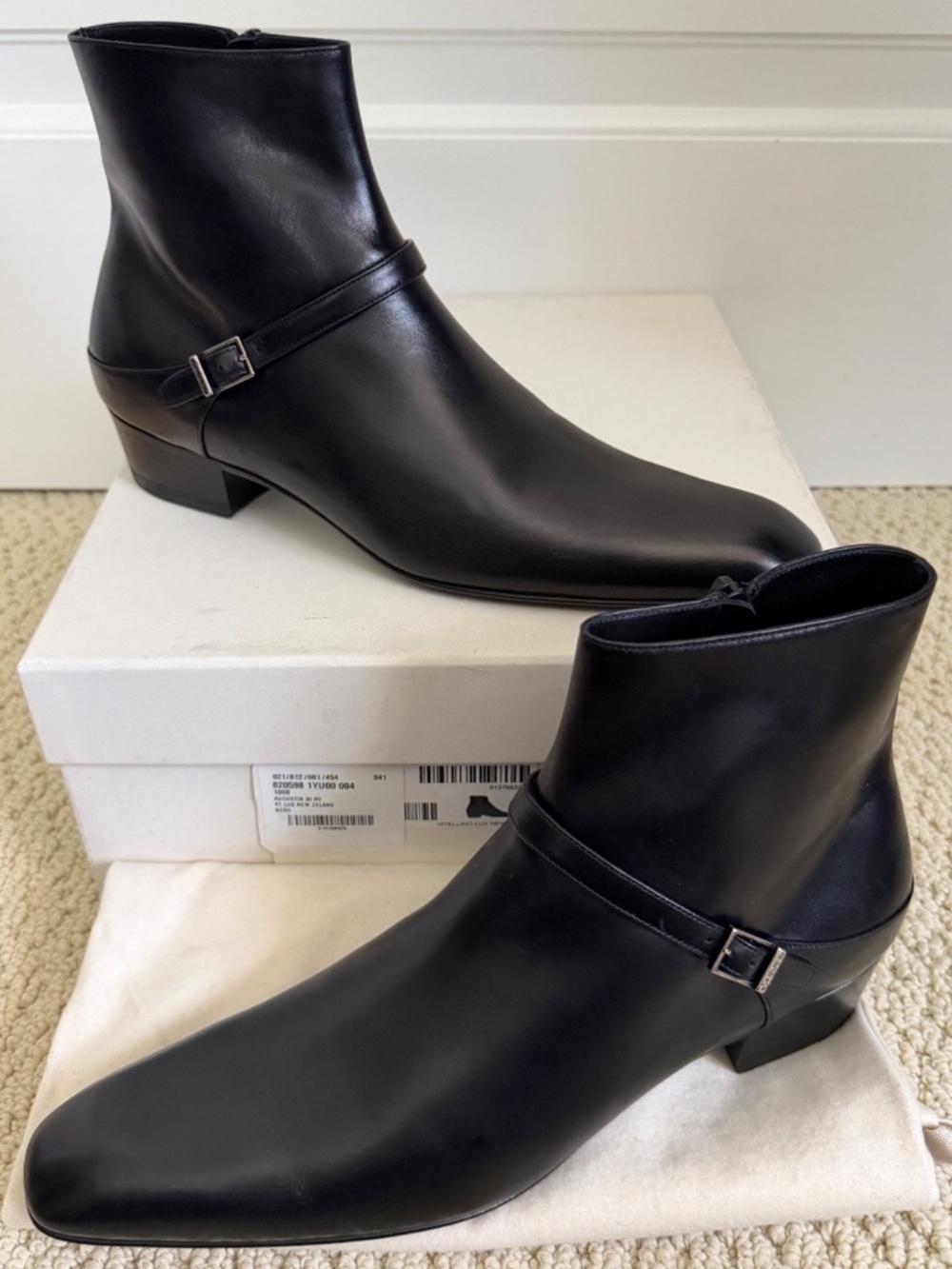 Saint Laurent YSL Augustin Buckled Logo Strap Black Leather Side Zip Boots